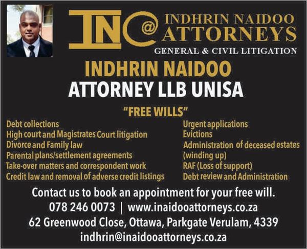 Indhrin Naidoo Attorneys (Verulam, Umhlanga, Phoenix, Tongaat) Attorneys / Lawyers / law firms in Verulam (South Africa)